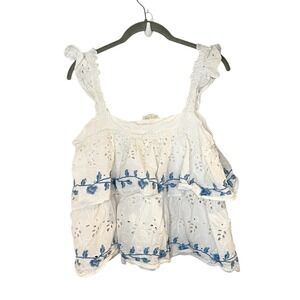 Jennifer & Grace White‎ Blue Floral Ruffle Tiered Eyelet Boho Cottagecore Top M